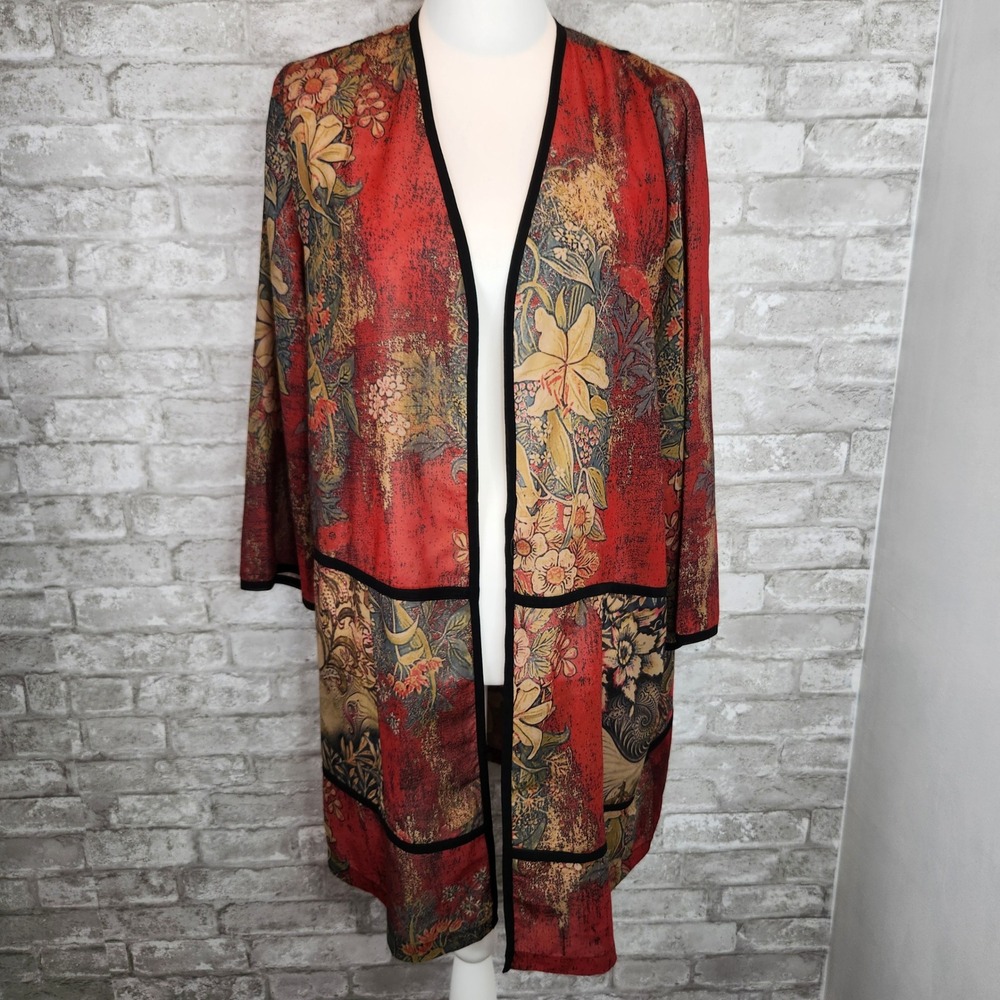 Soft Surroundings Long Kimono Duster Floral Boho Open Front Red Size Large - Picture 2 of 9
